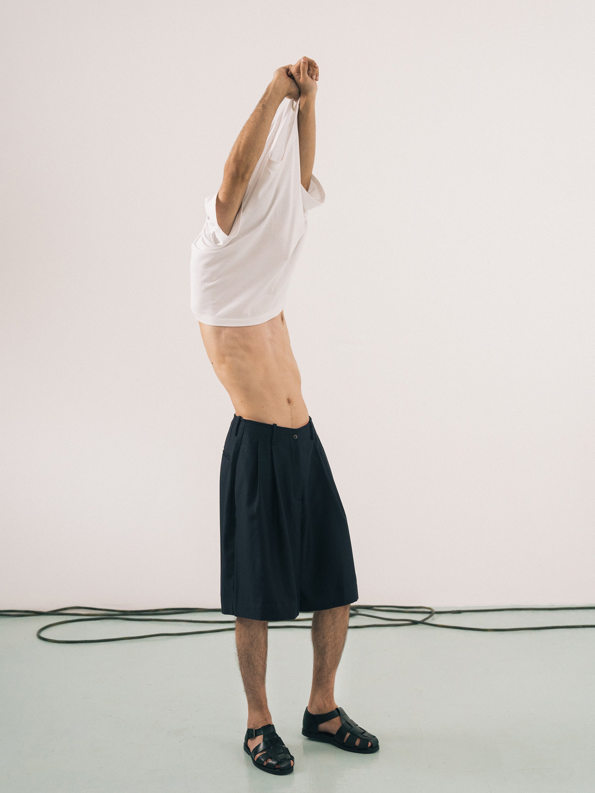 Navy Pleated Wool Shorts