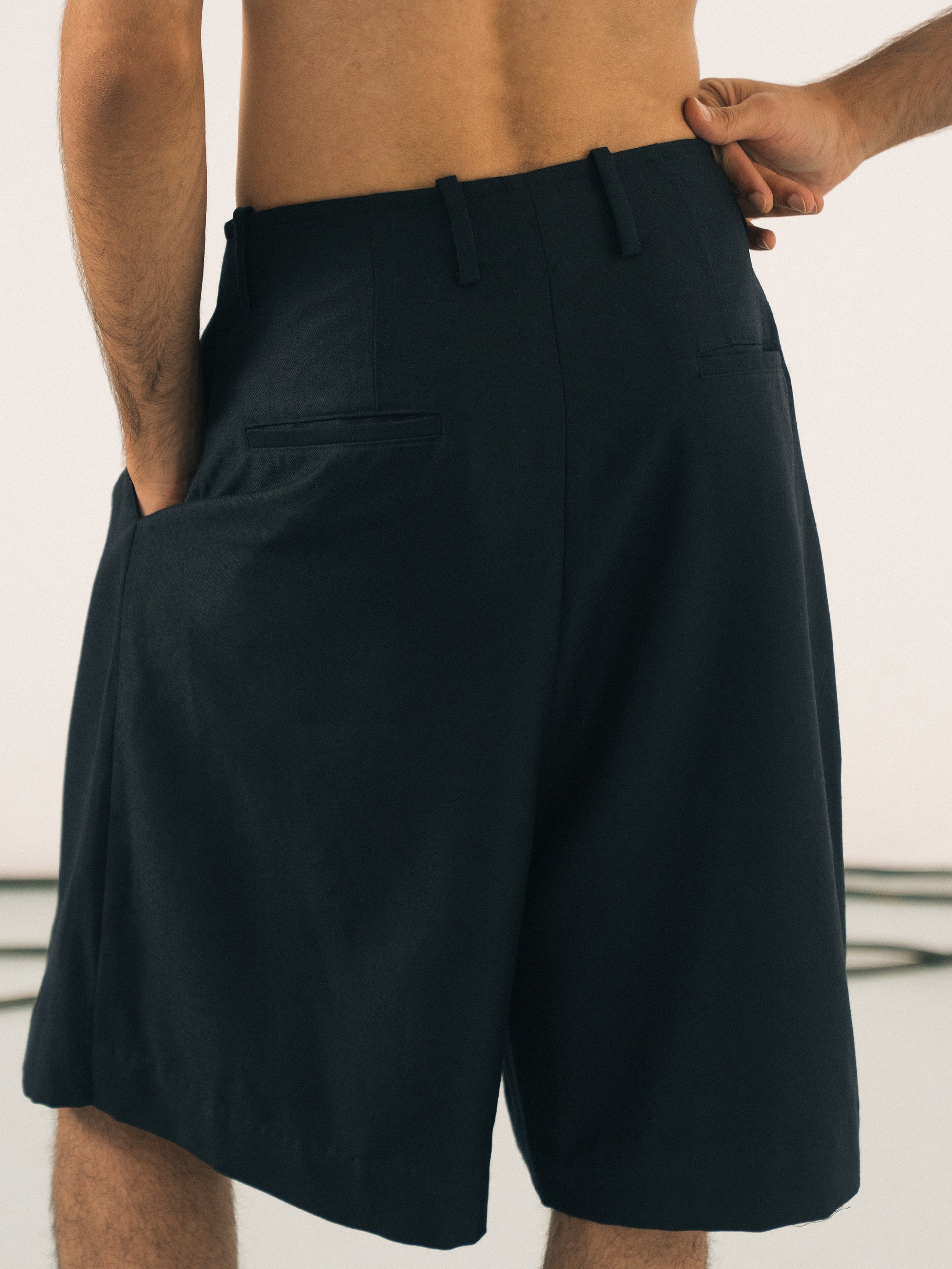 Navy Pleated Wool Shorts